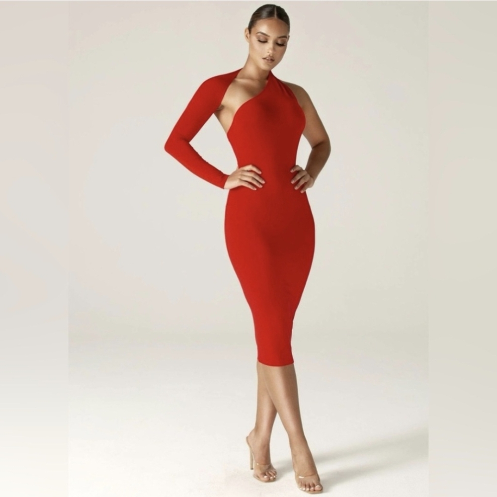 NEW Alieva Dasha Red Modern One Shoulder Mini Evening Dress Stretch Size L.